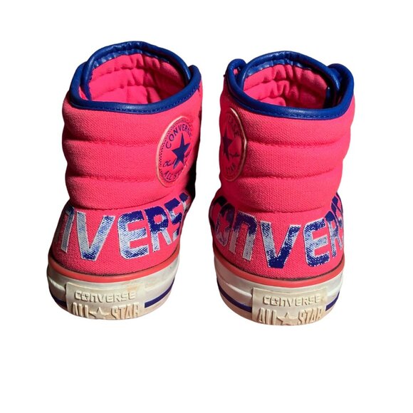 Converse Sneakers Juniors 5 Womens 7 Hot Pink Blue Spell Out High Top Shoes RARE - Picture 4 of 11